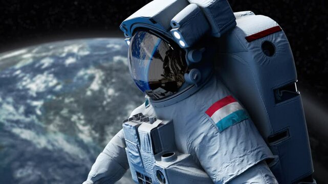 Luxembourg Astronaut with arm patch flag floating through space. Space program. Spaceman. Earth in background. The country showing national pride. 