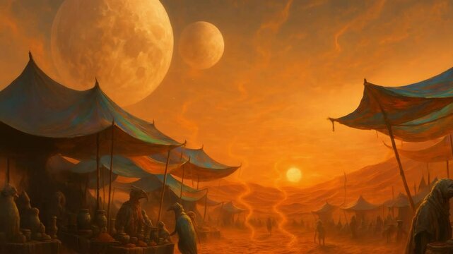 Alien creatures trade goods in a bustling desert marketplace under orange skies, with two moons and a sun creating an otherworldly atmosphere.