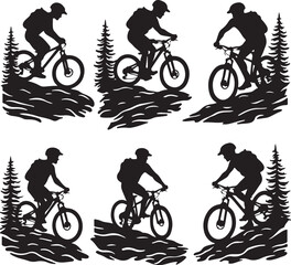 Fototapeta premium Epic Mountain Biking Adventure Silhouette with Pine Forest, Moon, and Wilderness Scenery