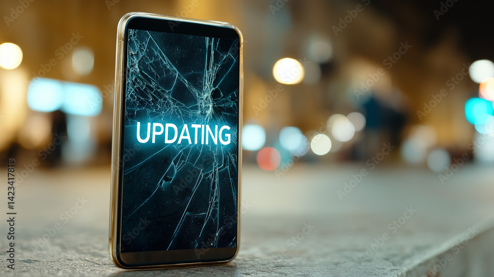 Poster damaged phone updating status: a close-up of a damaged phone with a cracked screen displaying the wo