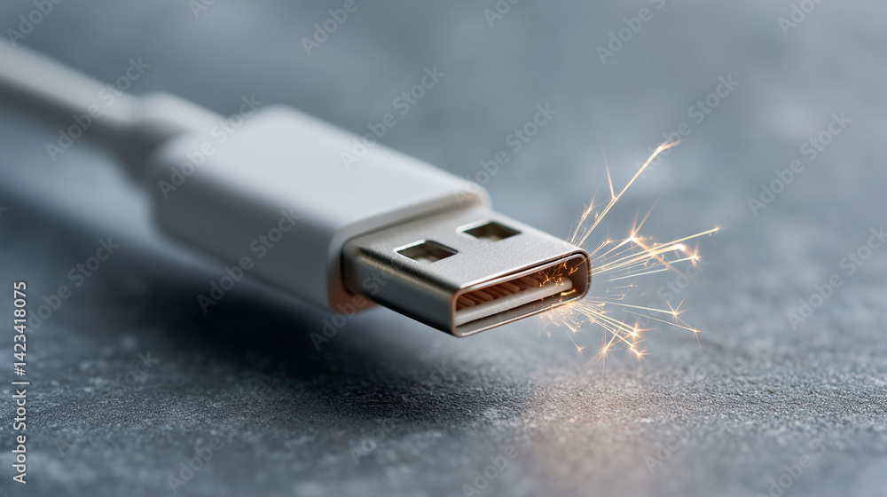 Poster digital spark: a close-up photograph shows a sparking usb cable, with a dynamic display of digital c