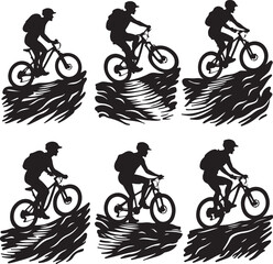 Fototapeta premium Epic Mountain Biking Adventure Silhouette with Pine Forest, Moon, and Wilderness Scenery