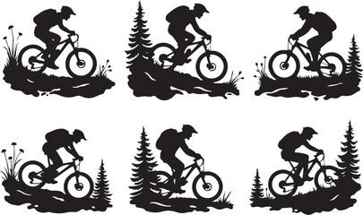 Fototapeta premium Epic Mountain Biking Adventure Silhouette with Pine Forest, Moon, and Wilderness Scenery