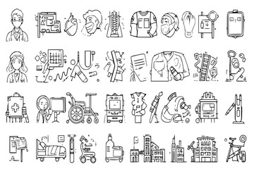 medical profession icons in black and white line art style