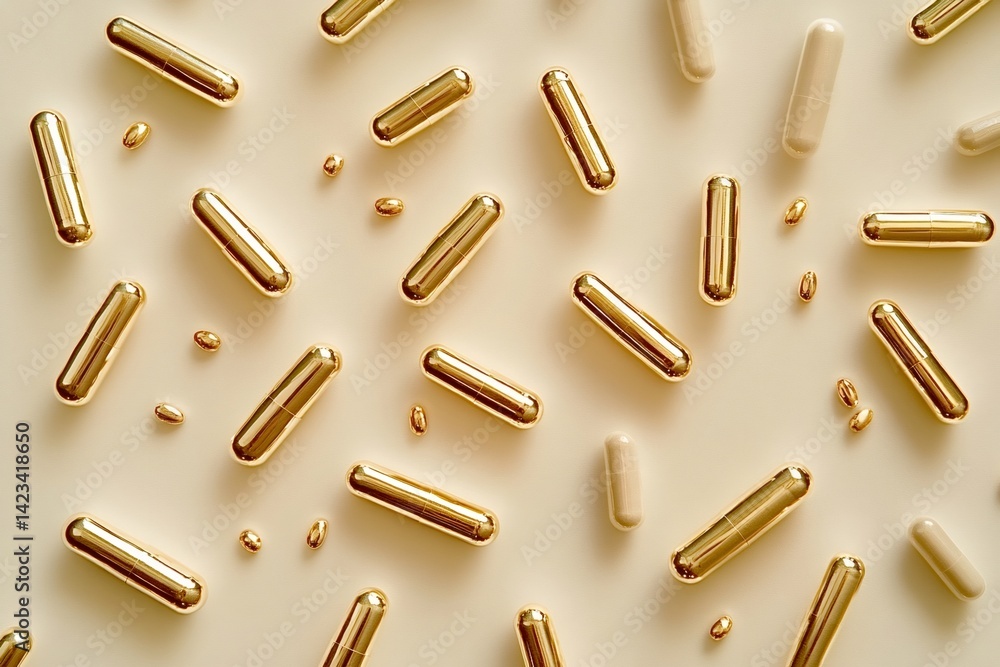 Poster golden and beige capsules of different sizes are lying on a beige background, creating a pattern and
