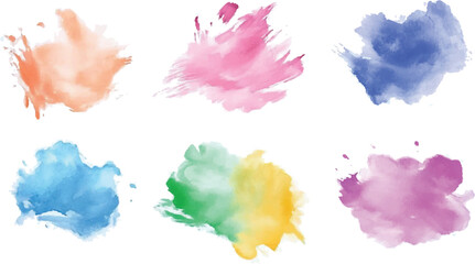 Soft watercolor splash stain colorful set of six Thin and dirty brush stroke set. Grunge splashes stencil,
