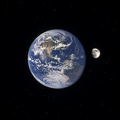 Fototapeta premium Photograph of the Earth rising above a black background, Earthrise, the Earth in the foreground with the Moon below it.