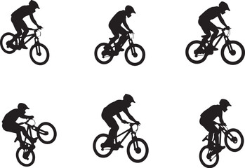 Naklejka premium Epic Mountain Biking Adventure Silhouette with Pine Forest, Moon, and Wilderness Scenery