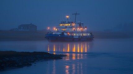 Foggy twilight scene with a multi-story passenger vessel on tranquil water