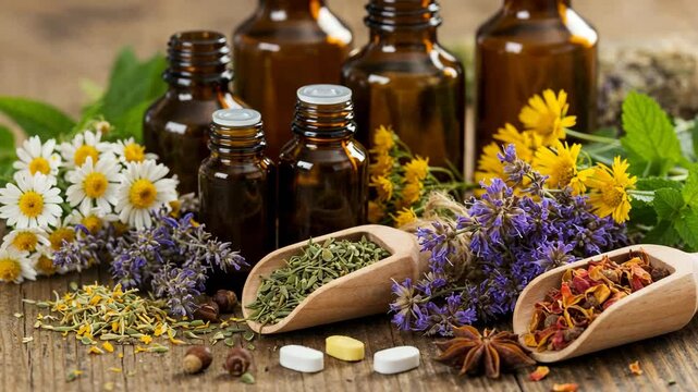 Natural herbal medicine and aromatherapy, Essential oils in amber bottles with fresh flowers and herbs, Alternative wellness and holistic healing