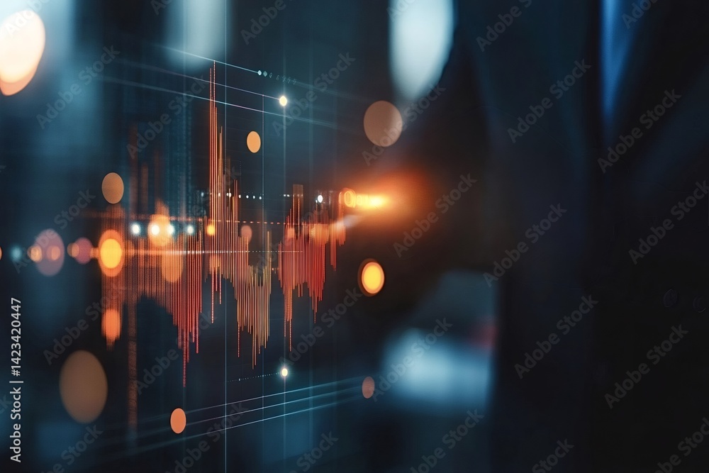 Poster businessman uses a futuristic, interactive touchscreen interface to analyze financial data, represen