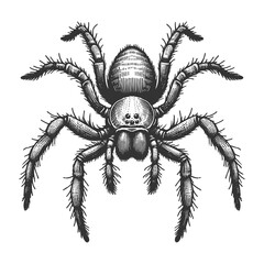 tarantula spider, showcasing fine detail of its hairy legs and body anatomy sketch engraving generative ai raster illustration. Scratch board imitation. Black and white image.