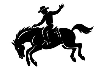 Silhouette of a cowboy riding a bucking horse with one hand in the air on a white background