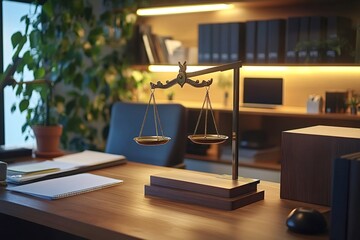 Brass scales of justice balancing on a wooden desk in a law office, symbolizing fairness and equality within the legal system, create an atmosphere of professionalism and order