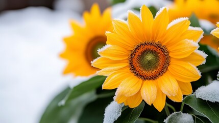 Fototapeta premium Golden Sunflower Blooms Covered in Frost Glowing Softly in Winter Light