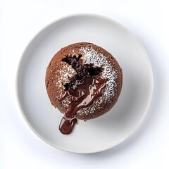 Fototapeta premium A decadent chocolate lava cake with a molten chocolate center sits on a white plate dusted with powdered sugar ready to be enjoyed.