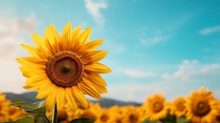 Vibrant Field of Golden Sunflowers Stretching Under a Bright Blue Sky at Daytime