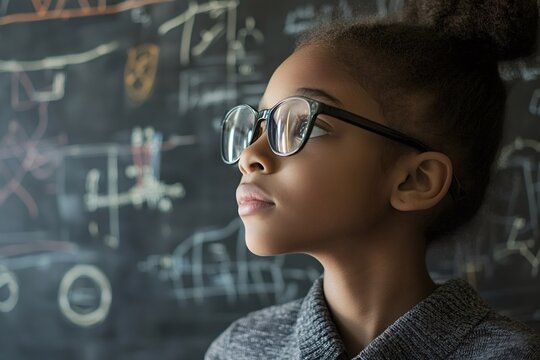 Focused young girl wearing glasses, contemplating a blackboard filled with complex mathematical equations and geometric diagrams, reflecting dedication to learning