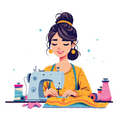 Vsai seamstress sewing colorful fabric with sewing machine