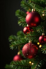 Obraz premium Ornate red and gold ornaments on twinkling evergreen branches, detail, branches, sparkle