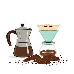 Vsai moka pot and pour over coffee maker brewing methods with coffee beans and grounds