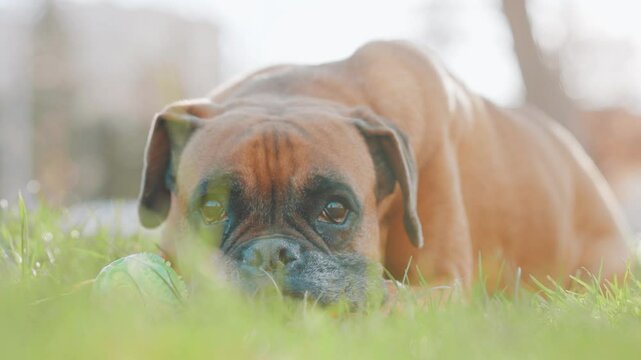 Boxer dog resting on grass with tennis ball