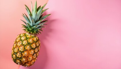 Whole pineapple, pastel pink backdrop, summer feel Flat lay overhead shot , texture, tropical