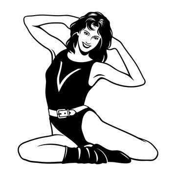 Woman doing aerobics exercises. Black and white vector clipart isolated on white.