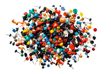 A pile of colorful push pins, scattered on a transparent background PNG