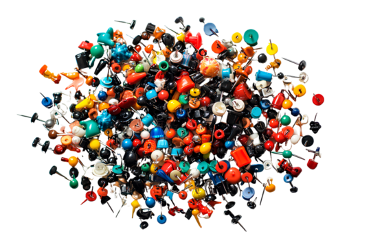 A pile of colorful push pins, scattered on a transparent background PNG