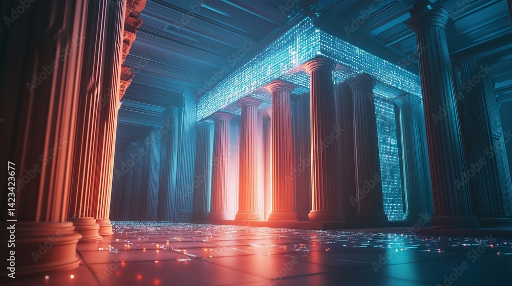 Poster ancient columns futuristic digital data center modern architecture design 3d red hall neon blue glow