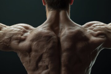 Muscular torso with defined back muscles, showing strength and fitness against a plain background, back and shoulder muscles, toned skin.