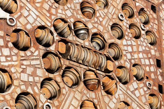 Huge tunnel drilling machine head disc displayed at the Koralmbahn Weststeiermark train station