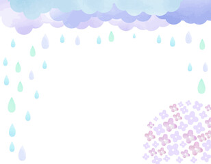 梅雨イメージ　紫陽花と雨と雲の雫のフレーム　2