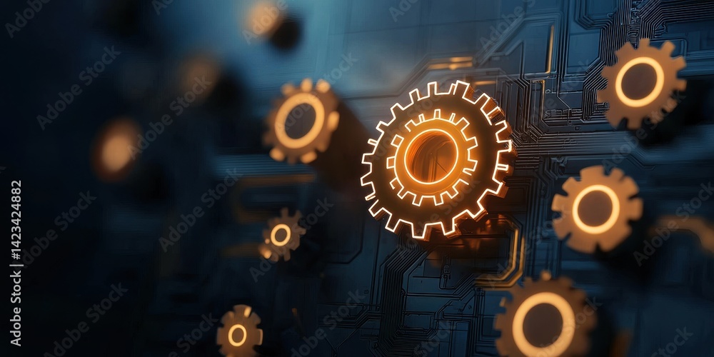 Poster engineering blueprints and optimization. futuristic gears integrated with a circuit board design, sy
