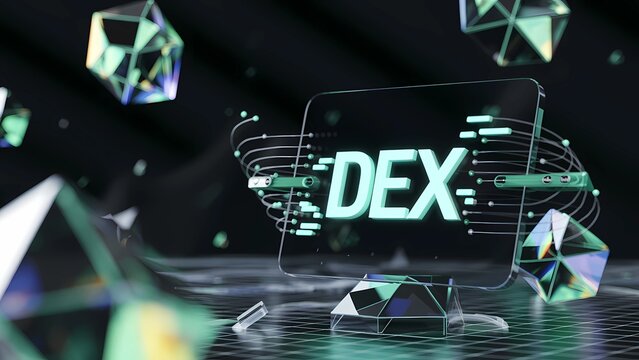 The highlighted text "DEX" surrounded by abstract, floating geometric shapes in a futuristic, technological style, representing a Decentralized Exchange.