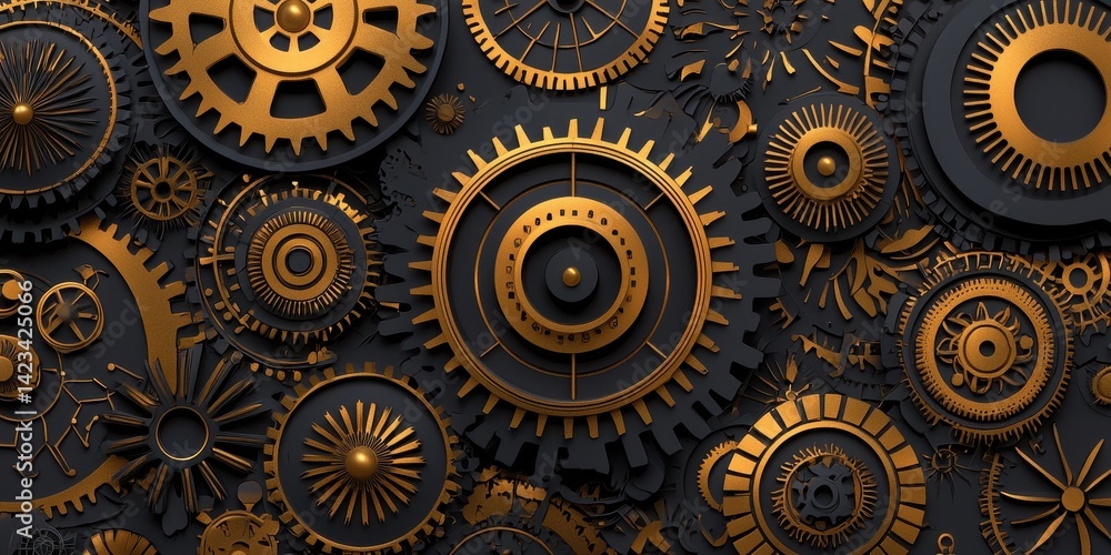 Aufkleber engineering blueprints and optimization. intricate arrangement of gears in gold and black, showcasin