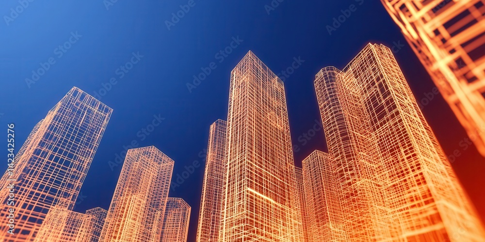 Aufkleber engineering blueprints and optimization. abstract city skyline at dusk with illuminated outlines of 