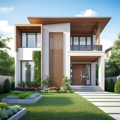 modern house with garden A nature-friendly house with a front porch and wooden latticework to protect the house from the sun's heat.