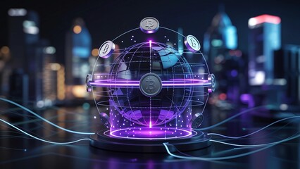 A stylized globe with Bitcoin logos orbiting it, set against a modern cityscape.