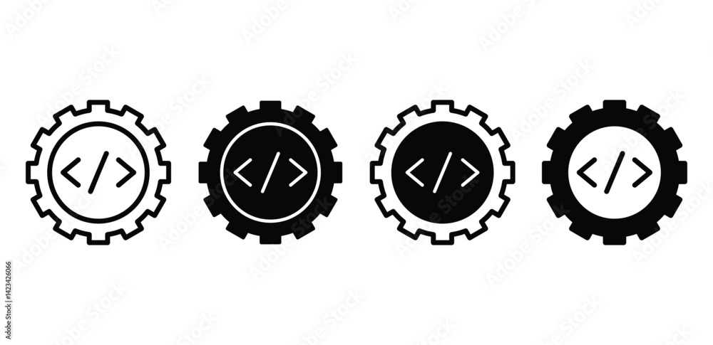 Poster gear icons with code symbols configuration settings black and white color vector design