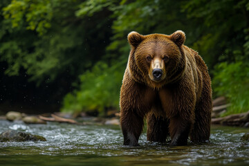 Fototapeta premium A brown bear standing in a flowing river, captured in a National Geographic-style image, against a backdrop of green forest,