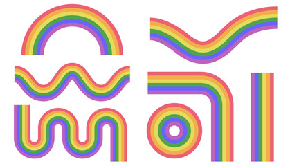 Obraz premium Groovy Rainbow Wavy Lines Pride Month shape element set