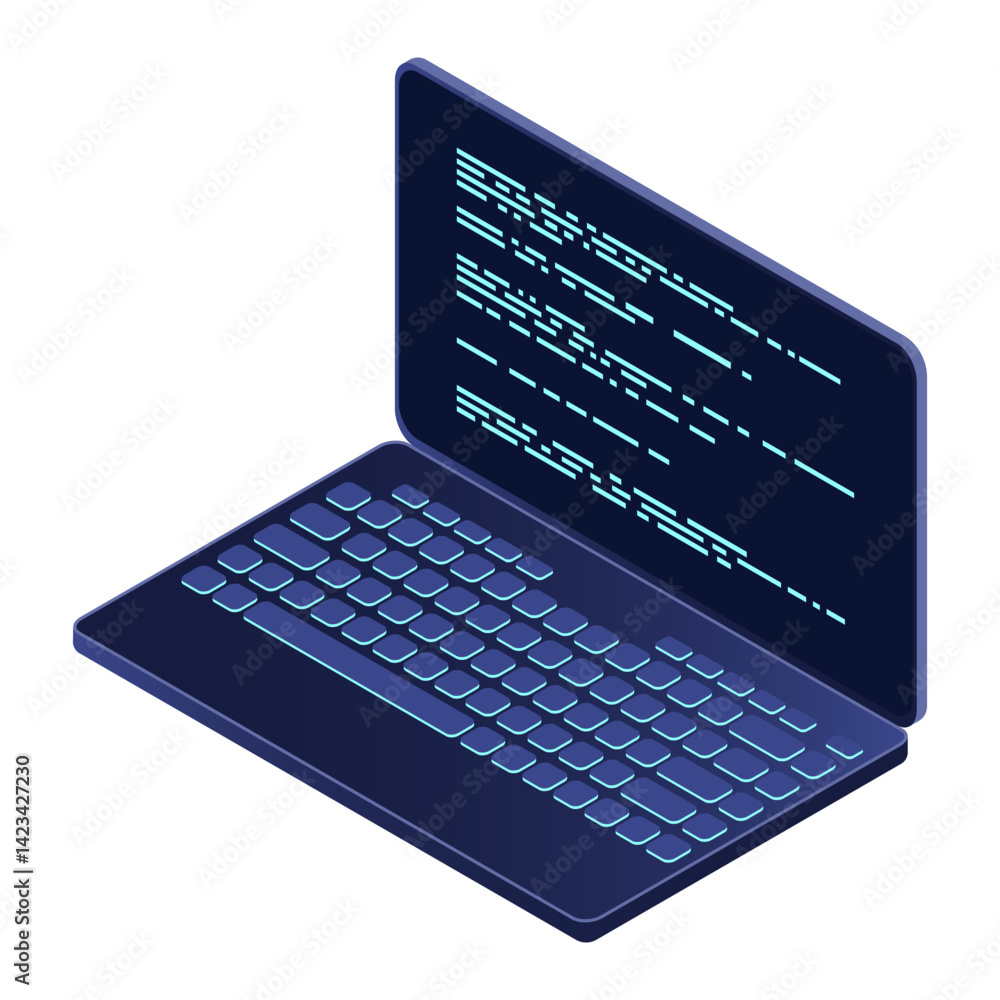Poster Isometric laptop. 3d isometric laptop computer. Abstract programming language and program code on a laptop screen. Isometric technology