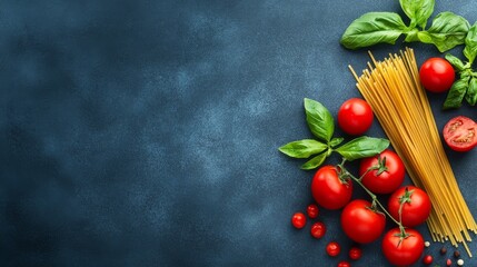 Vibrant culinary still life, fresh tomatoes, basil and pasta on a dark rustic background
