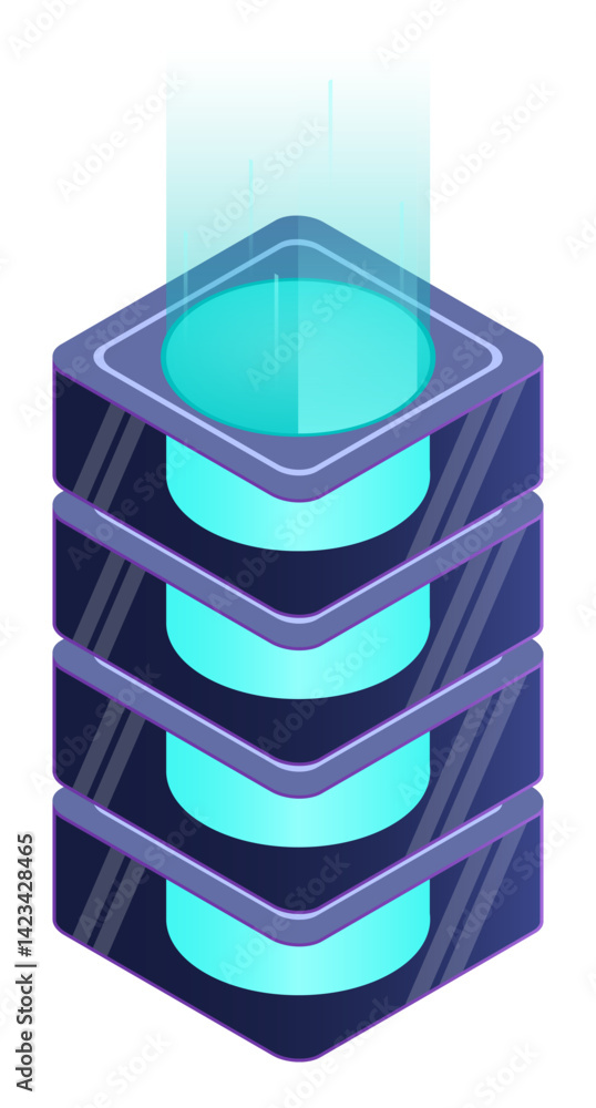 Poster isometric futuristic server. isometric database or data center. abstract blockchain. computer storag