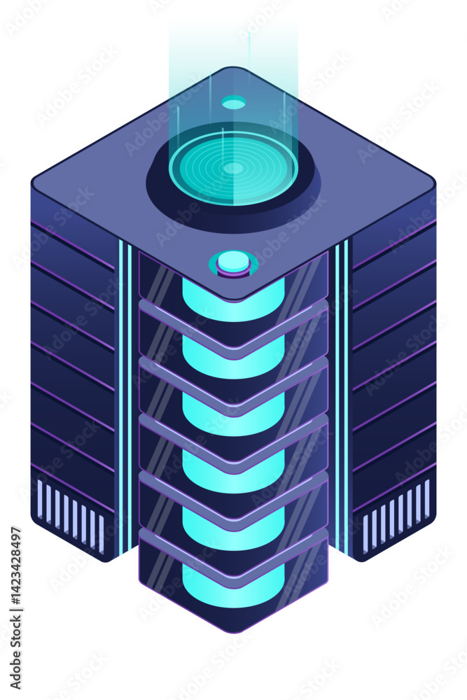 Poster Isometric futuristic server. Isometric database or data center. Abstract blockchain. Computer storage. Cloud storage. Isometric technology