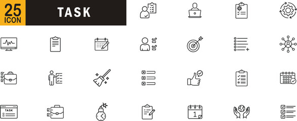 Task editable outline icon set. Checklist schedule progress deadline priority and more.