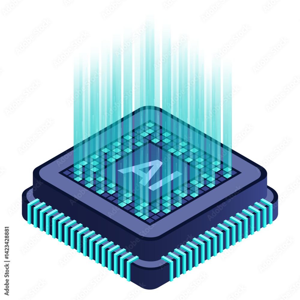 Poster isometric artificial intelligence chip concept. artificial intelligence concept. futuristic microchi
