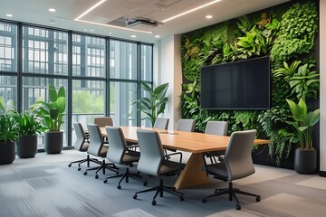Modern conference room, living plant wall, floor-to-ceiling windows, natural light, wooden table, gray office chairs, large flat screen TV, biophilic design, eco-friendly office space, minimalist deco